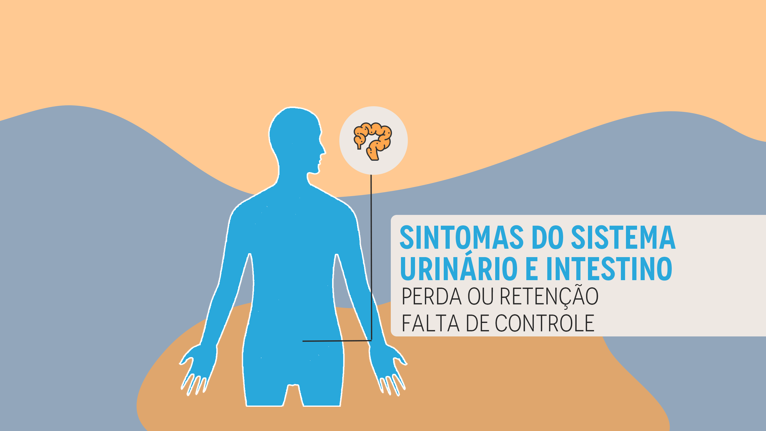 Um infográfico com uma silhueta do corpo humano em azul, uma linha na altura do sistema intestinal que mostra a figura de um intestino. Ao lado, são listados os sintomas do sistema urinário em tópicos: perda ou retenção, falta de controle.