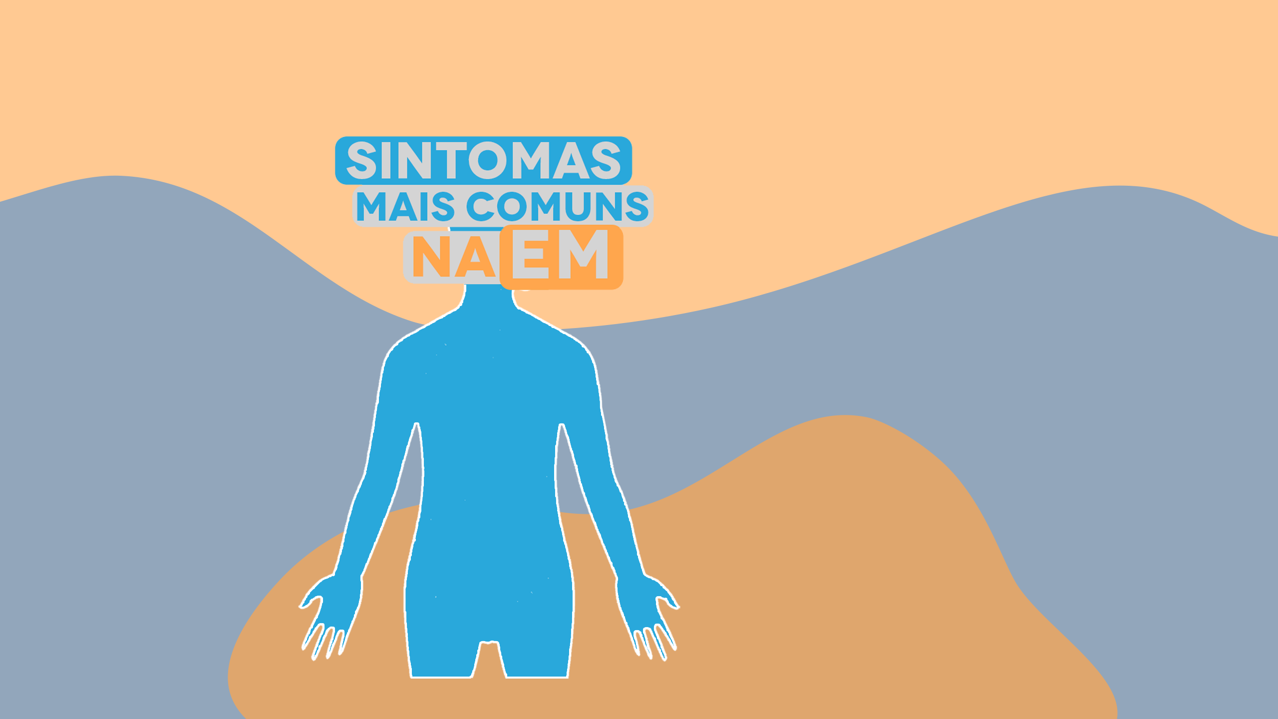 Infográfico que conta com um plano de fundo com três ondas das cores laranja, azul e laranja, respectivamente. Posicionado no quadrante esquerdo da imagem, a silhueta de um corpo em azul, cobrindo a cabeça do corpo estão as palavras "Sintomas mais comuns na EM".